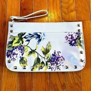 White House Black Market White Floral Faux Leather Clutch Wristlet Purse 11 X 7”